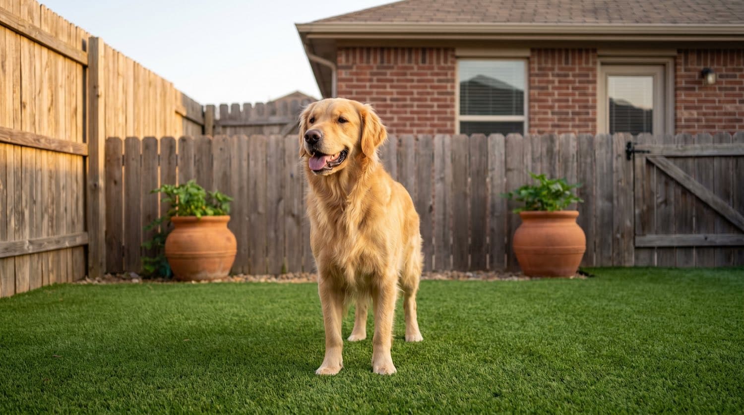 A dog standing on a clean artificial turf backyard lawn beside a wooden fence in a Toronto yard