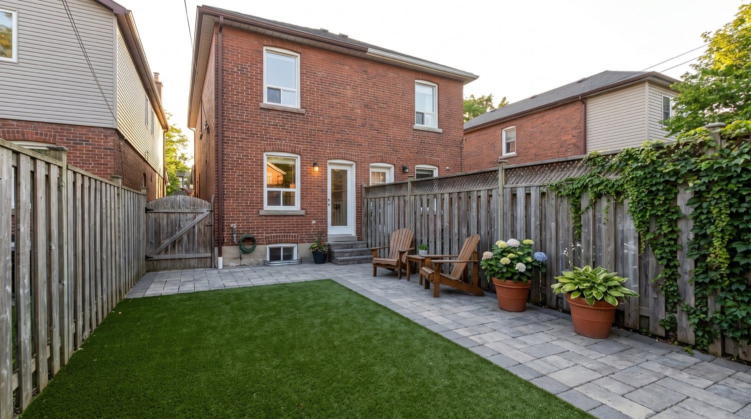 Artificial turf backyard lawn behind a Toronto home in summer, neat green synthetic grass beside a paver patio