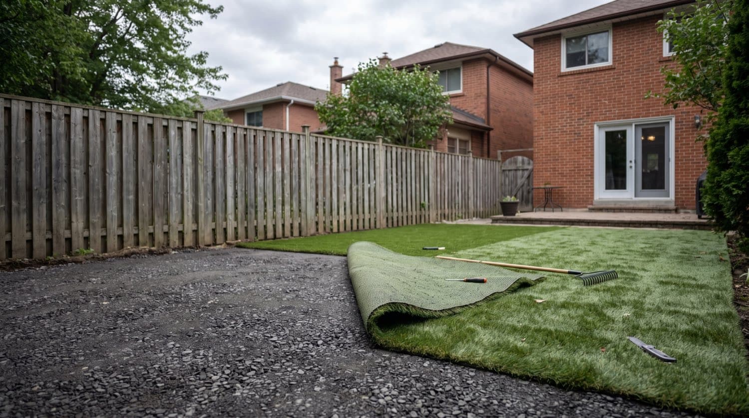 Artificial turf being rolled out over a freshly prepared compacted stone base in a Toronto backyard