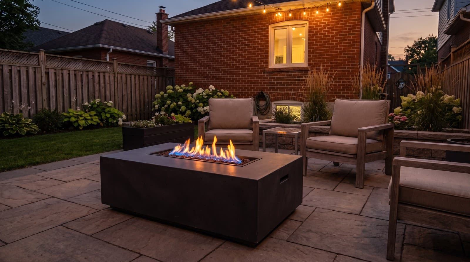 Modern gas fire table glowing on a stone paver patio in a Toronto backyard at dusk in late summer
