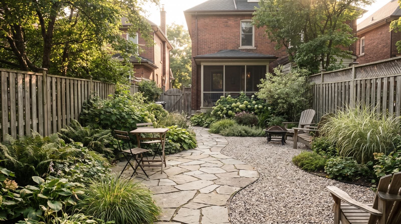Toronto backyard landscaped without a lawn, using a paver patio, gravel, and planted garden beds in summer