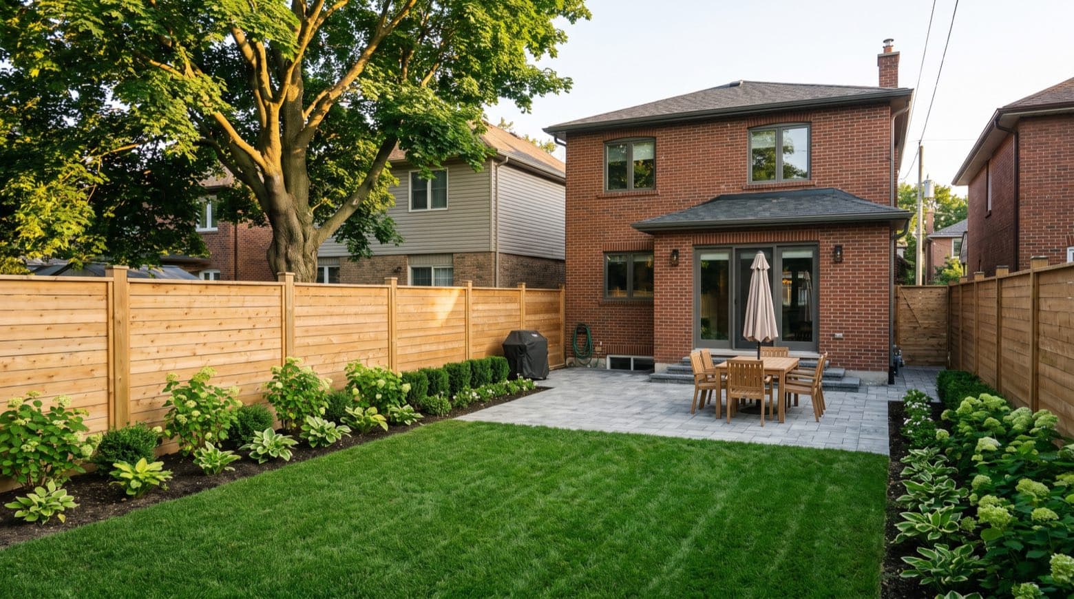 Renovated Toronto backyard with a new interlocking paver patio, fresh sod lawn, and planted garden beds behind a brick home on a summer afternoon