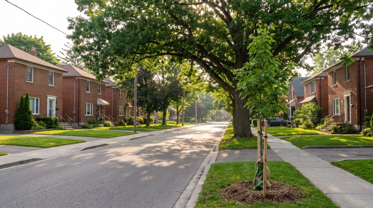 Mature native shade tree arching over a residential Toronto street lined with brick houses in early summer