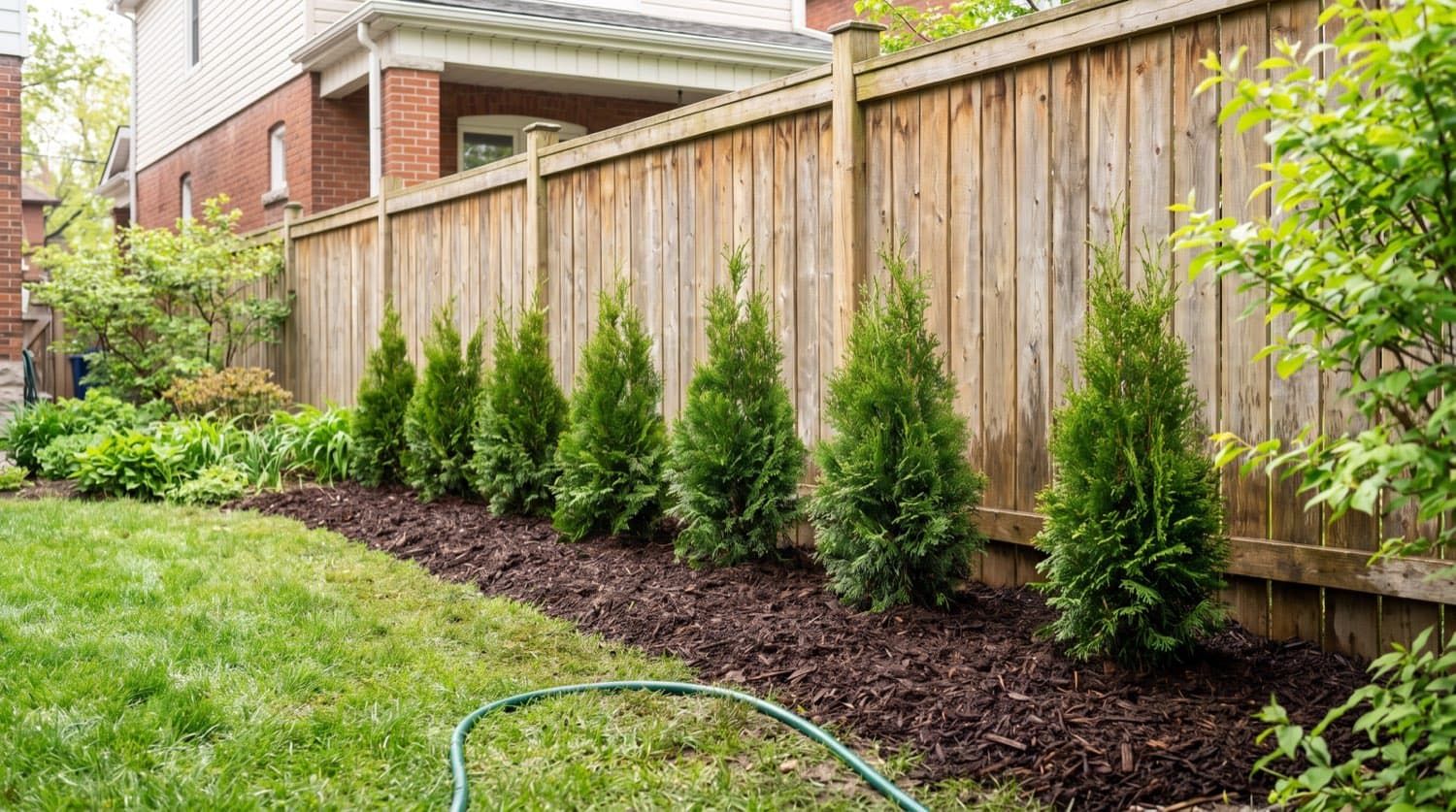 Freshly planted young emerald cedar hedge along a Toronto backyard fence with mulch at the base on a spring day
