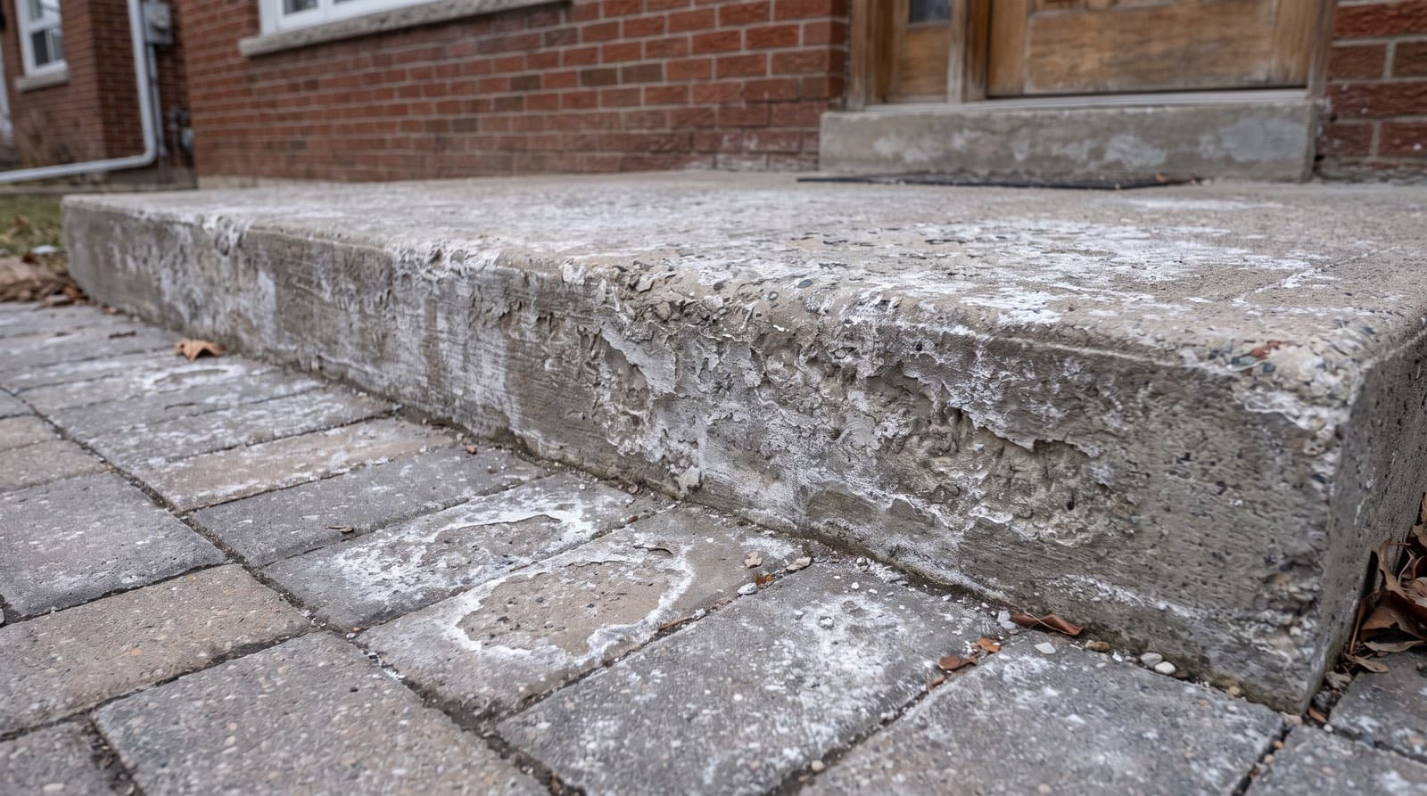 A concrete step and interlock walkway with flaking, scaled surfaces and chalky white salt residue after a Toronto winter