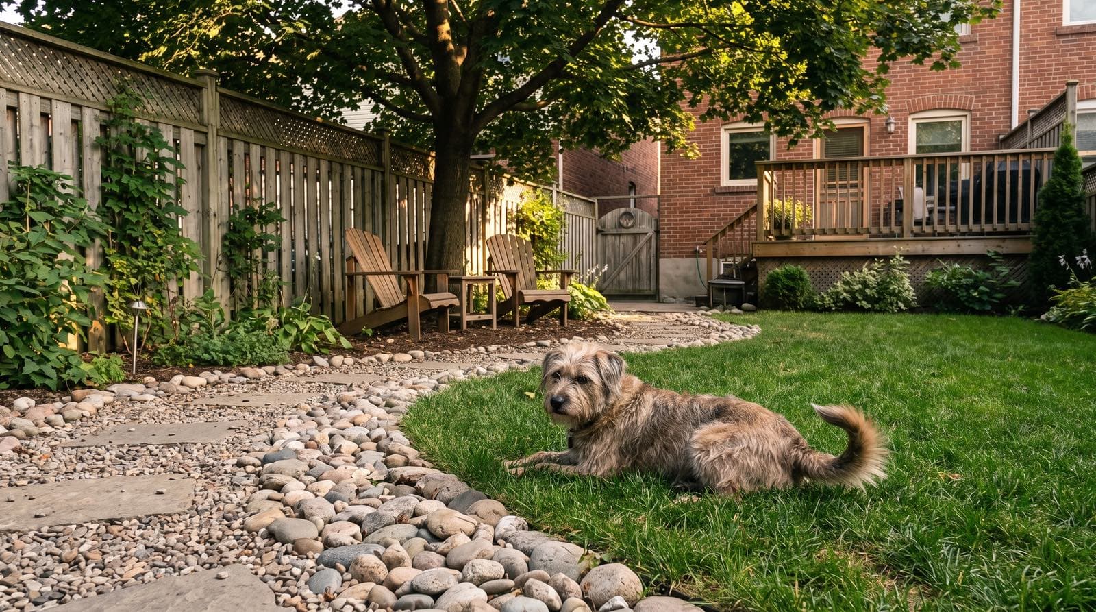 Dog resting on a durable lawn beside a stone path and shaded seating in a fenced Toronto backyard in summer