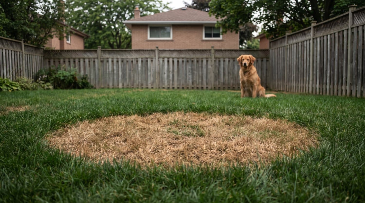 Brown dog urine spot ringed by darker green grass on a Toronto backyard lawn in summer