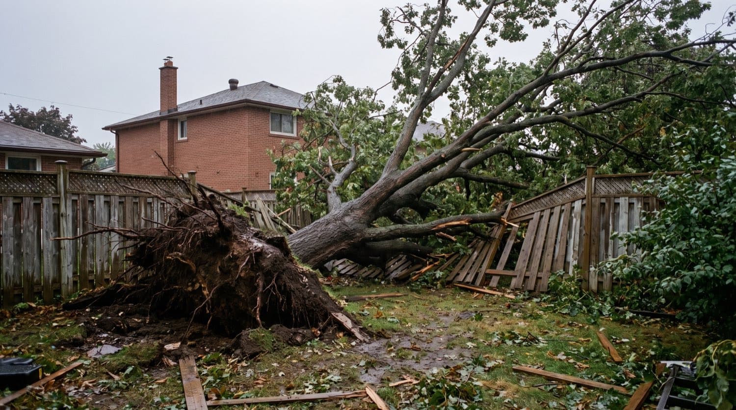 A large storm-damaged tree fallen across a fence and yard in a Toronto neighbourhood under a grey sky