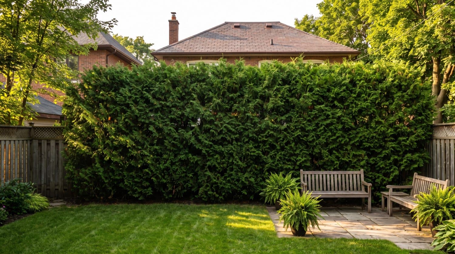 Dense row of tall emerald cedars forming a green privacy screen along the fence line of a Toronto backyard in summer
