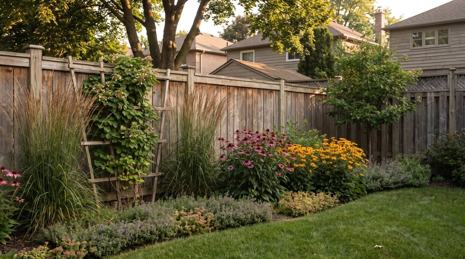 Layered planting border of grasses and perennials along a wooden backyard fence in a Toronto garden in summer