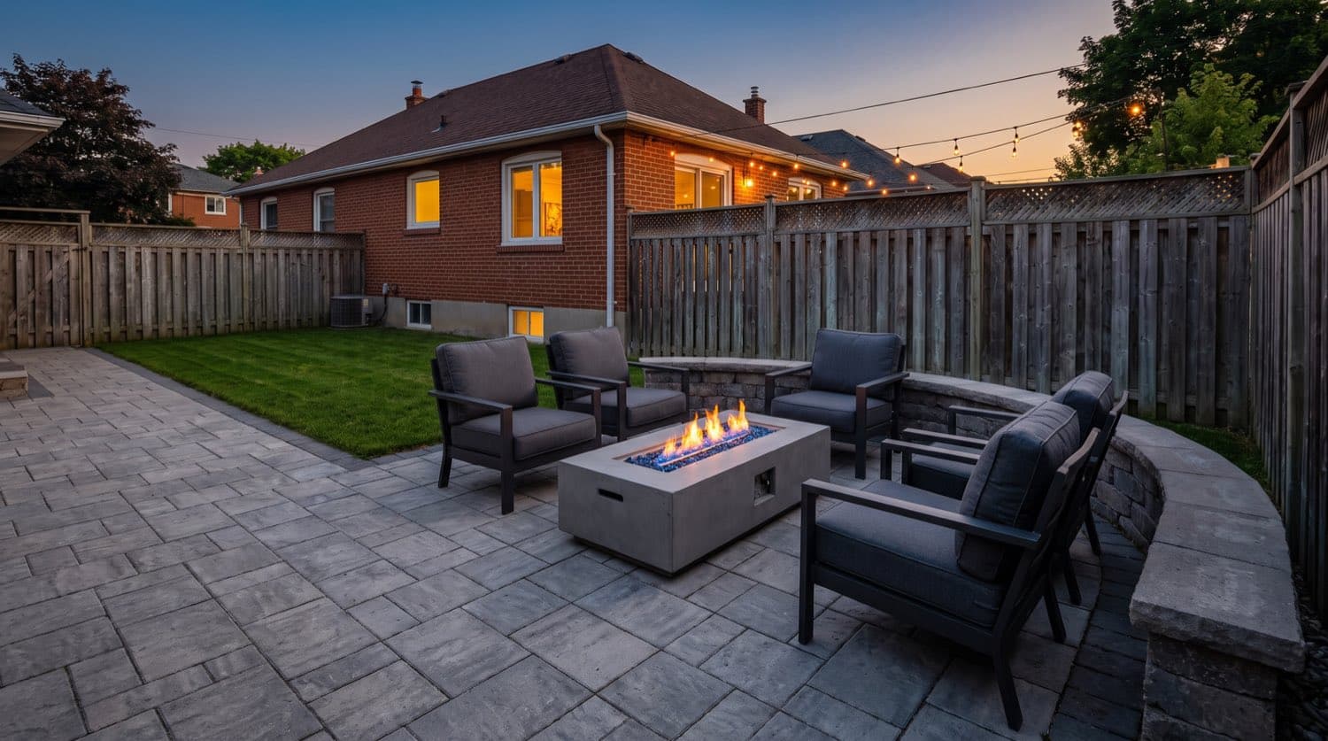 Toronto backyard with a gas fire pit ringed by seating on a stone patio on a summer evening