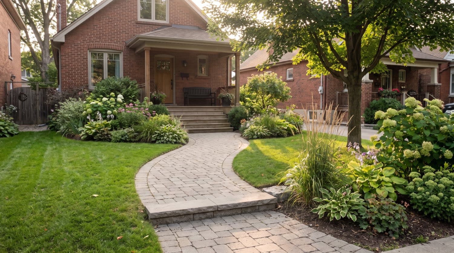 Curving interlocking front walkway with wide steps leading to the porch of a red-brick Toronto home, garden beds on either side