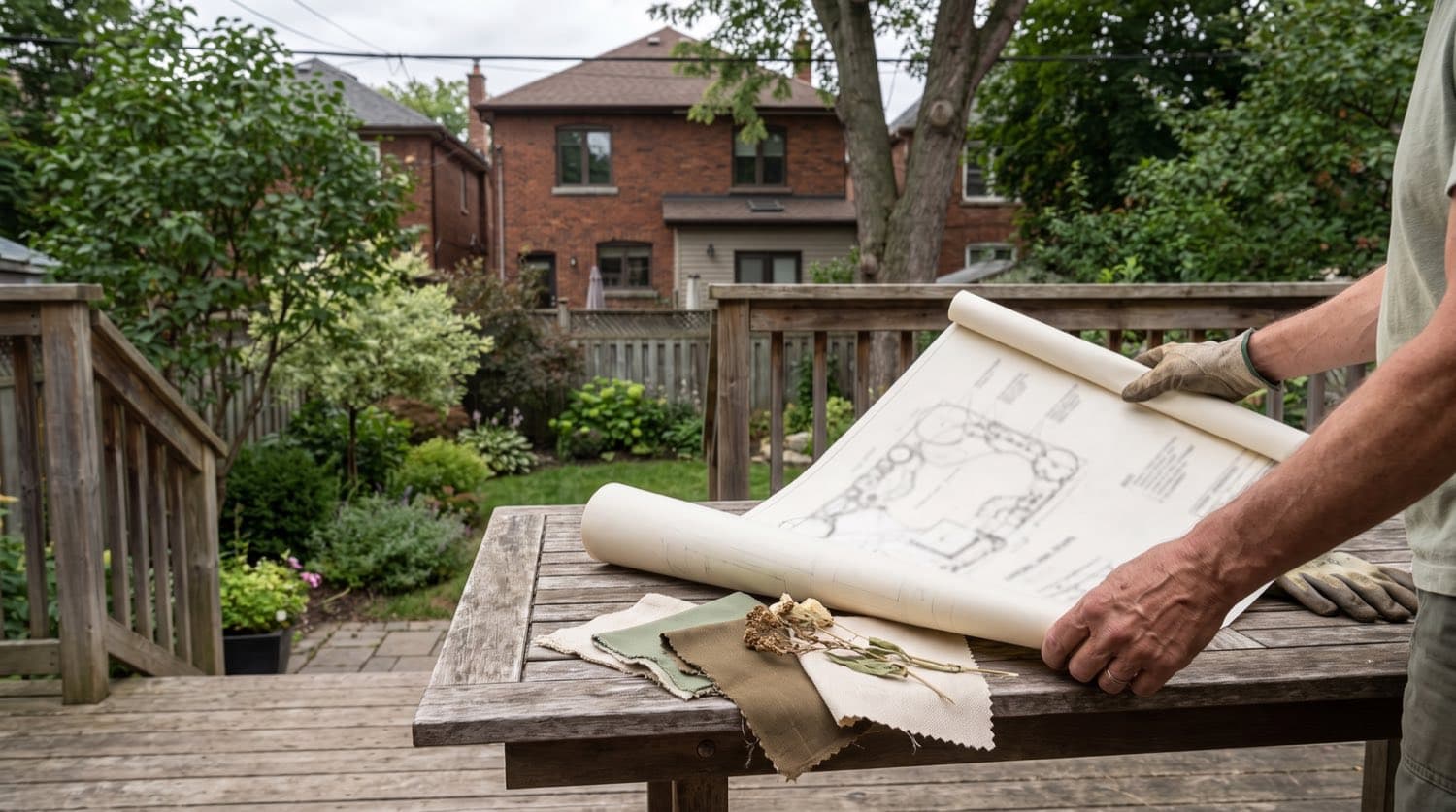 A landscape designer reviewing a garden plan on paper at a table overlooking a Toronto backyard
