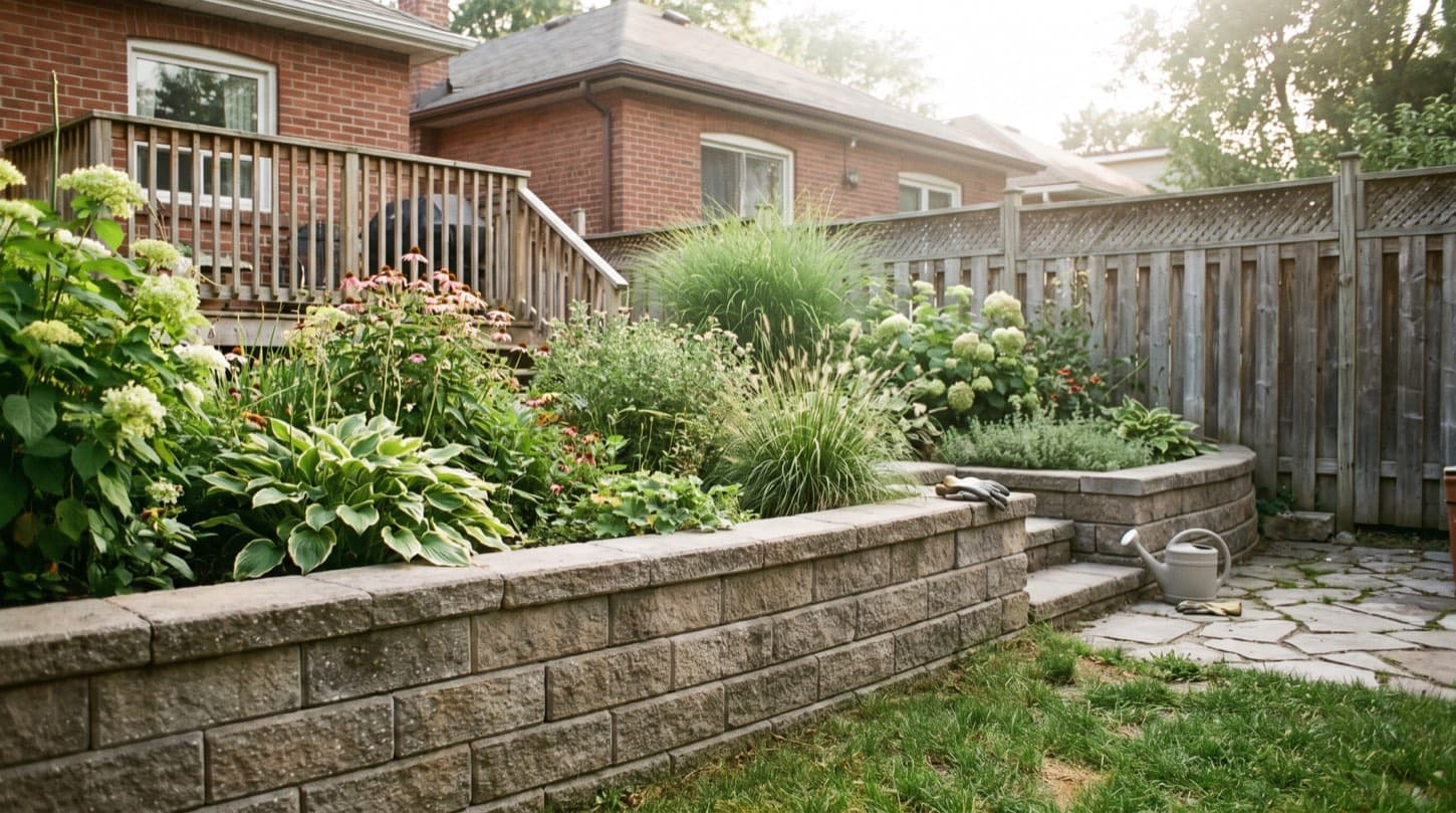 Low segmental block garden retaining wall with a planted bed above it in a Toronto backyard in summer