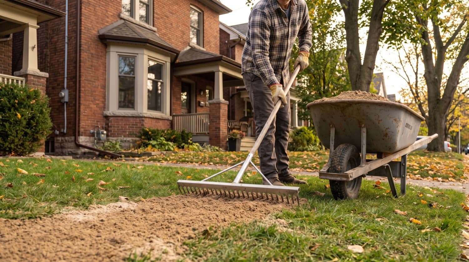 Homeowner leveling a bumpy Toronto lawn by spreading a soil blend with a leveling rake in early fall