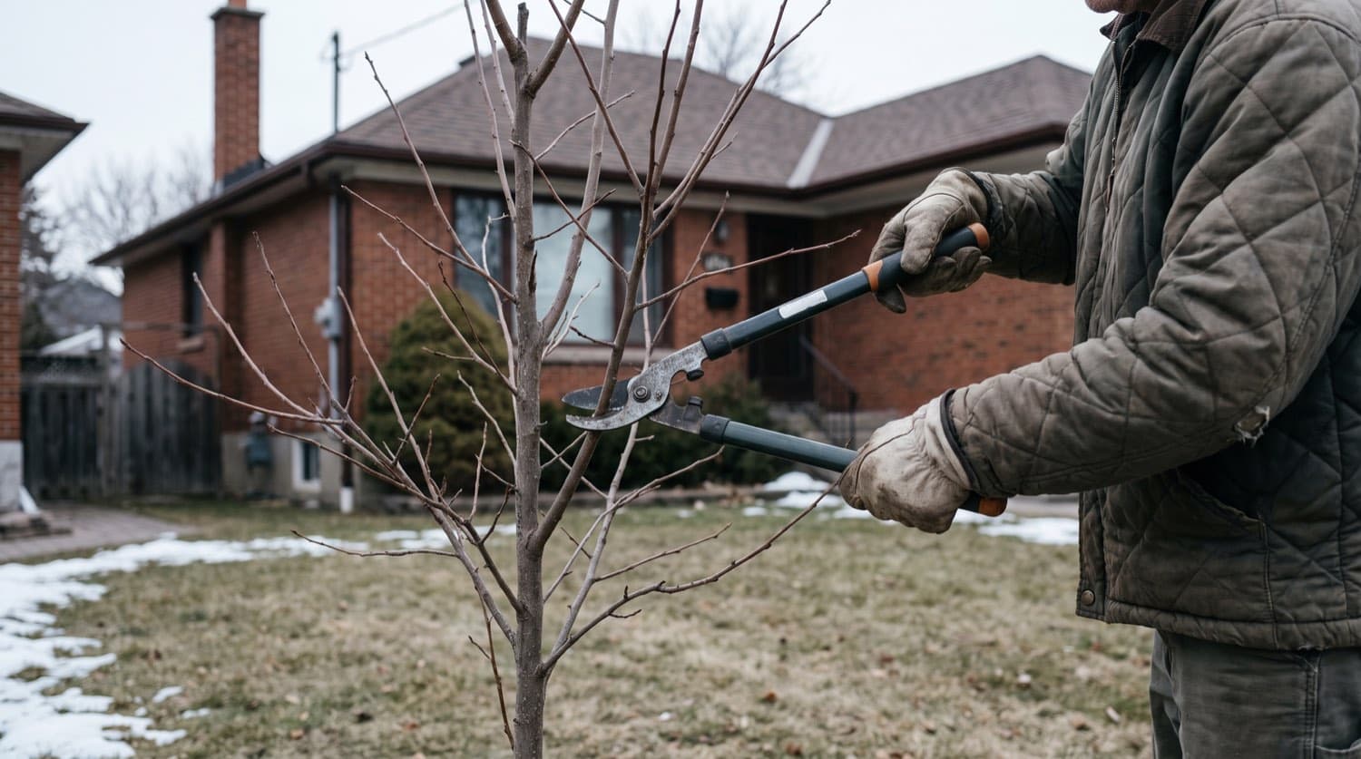 Homeowner pruning a bare young tree with loppers in a Toronto yard during the dormant late-winter season