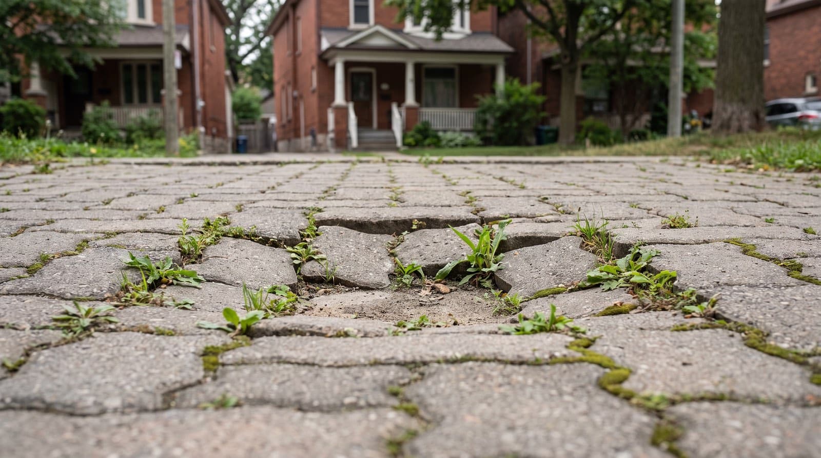 A section of interlocking paver walkway in Toronto with sunken, uneven pavers and weeds growing in the joints
