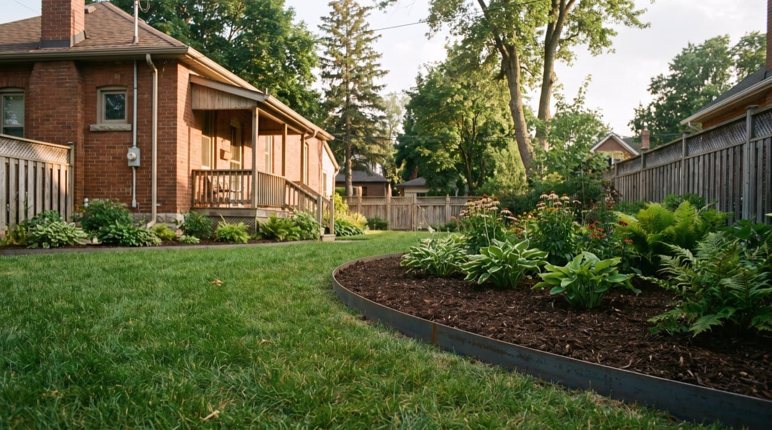 A crisp steel edging strip separating a green lawn from a mulched garden bed at a Toronto home in summer