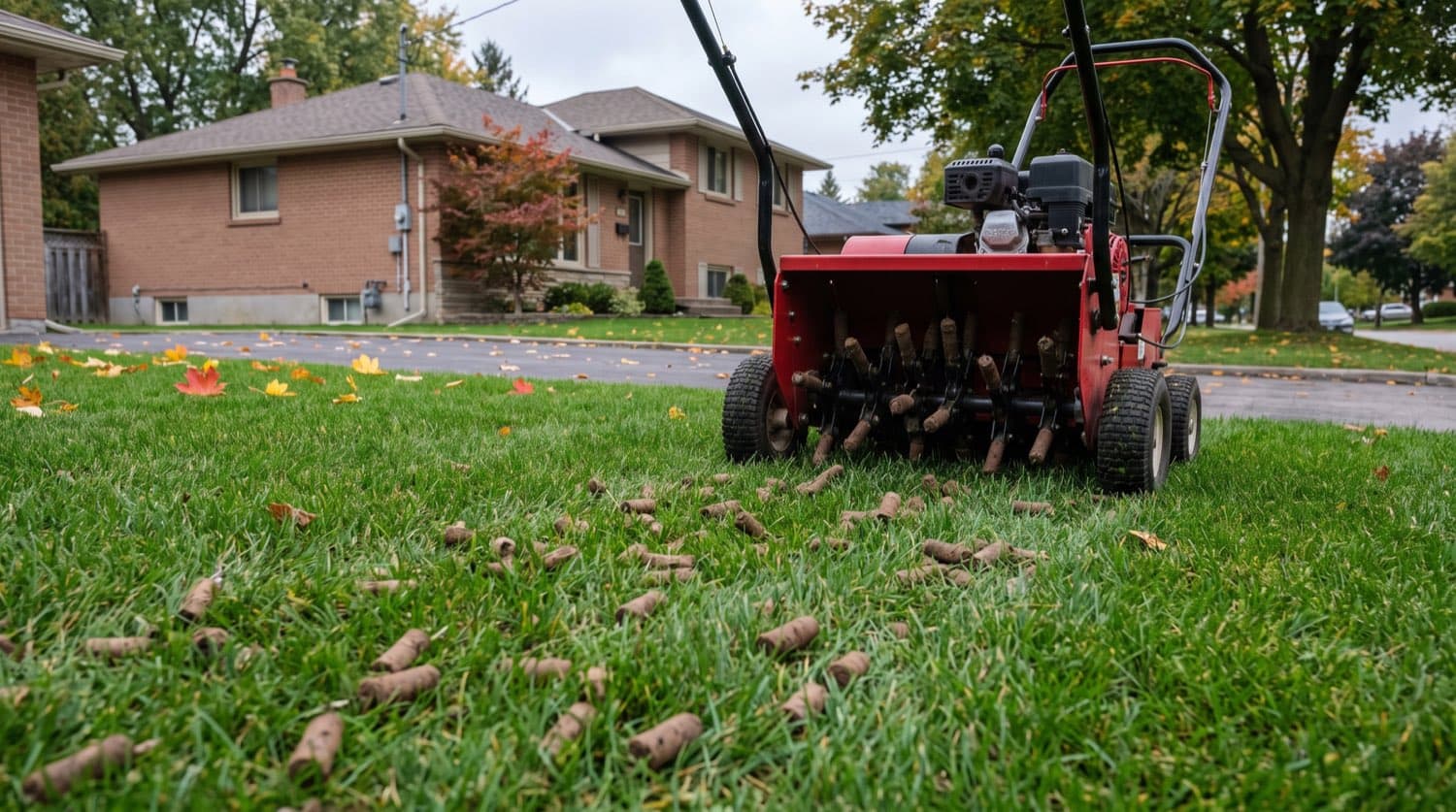Core aerator pulling soil plugs across a Toronto lawn with plugs scattered on the grass in early fall