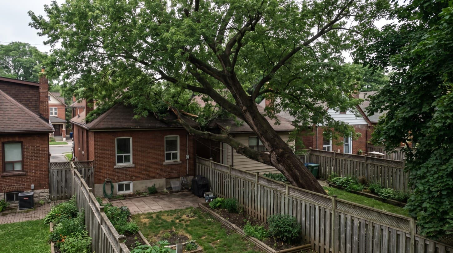 Mature tree leaning noticeably over a backyard beside a brick Toronto house in summer