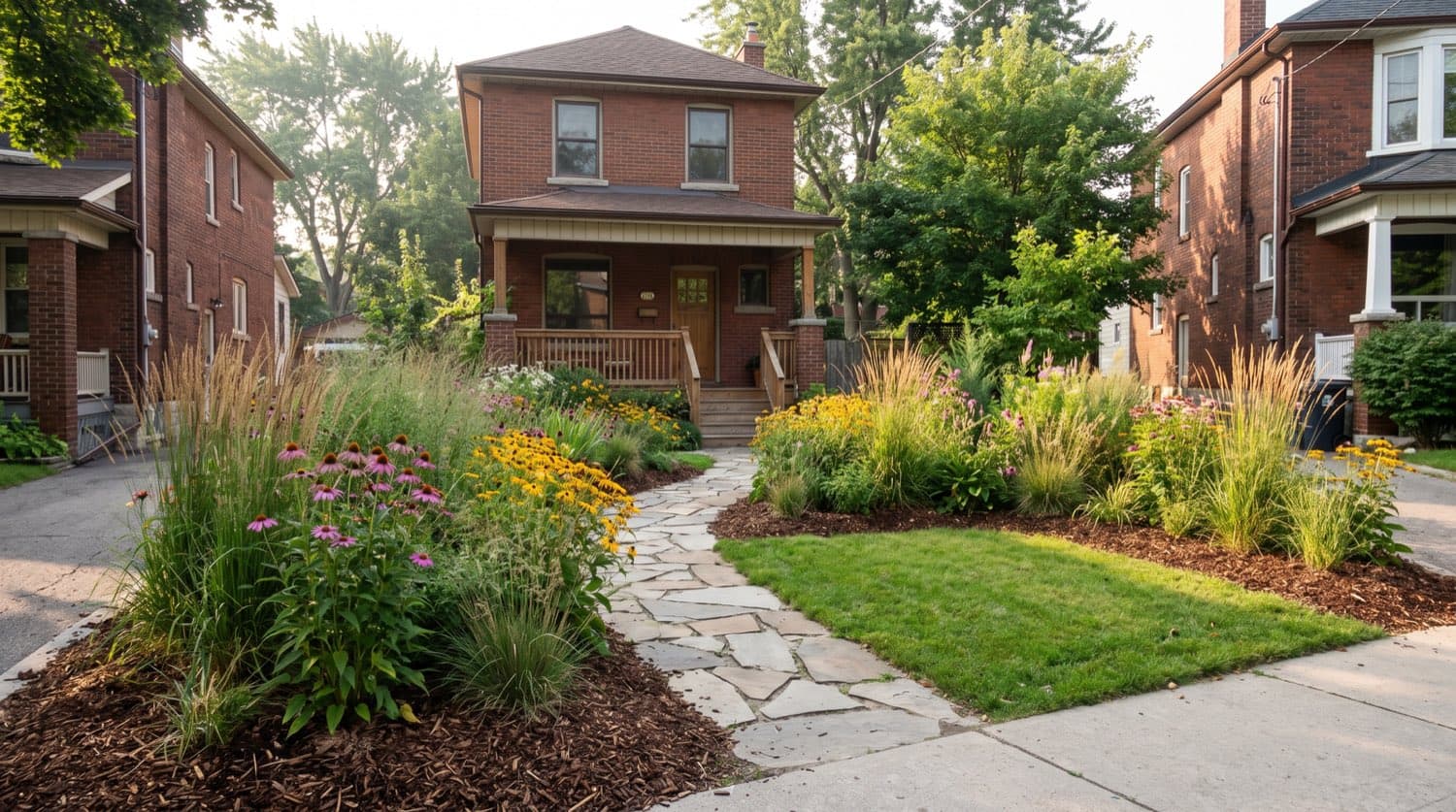 Low-maintenance Ontario front garden with native perennials and grasses replacing most of the lawn in summer