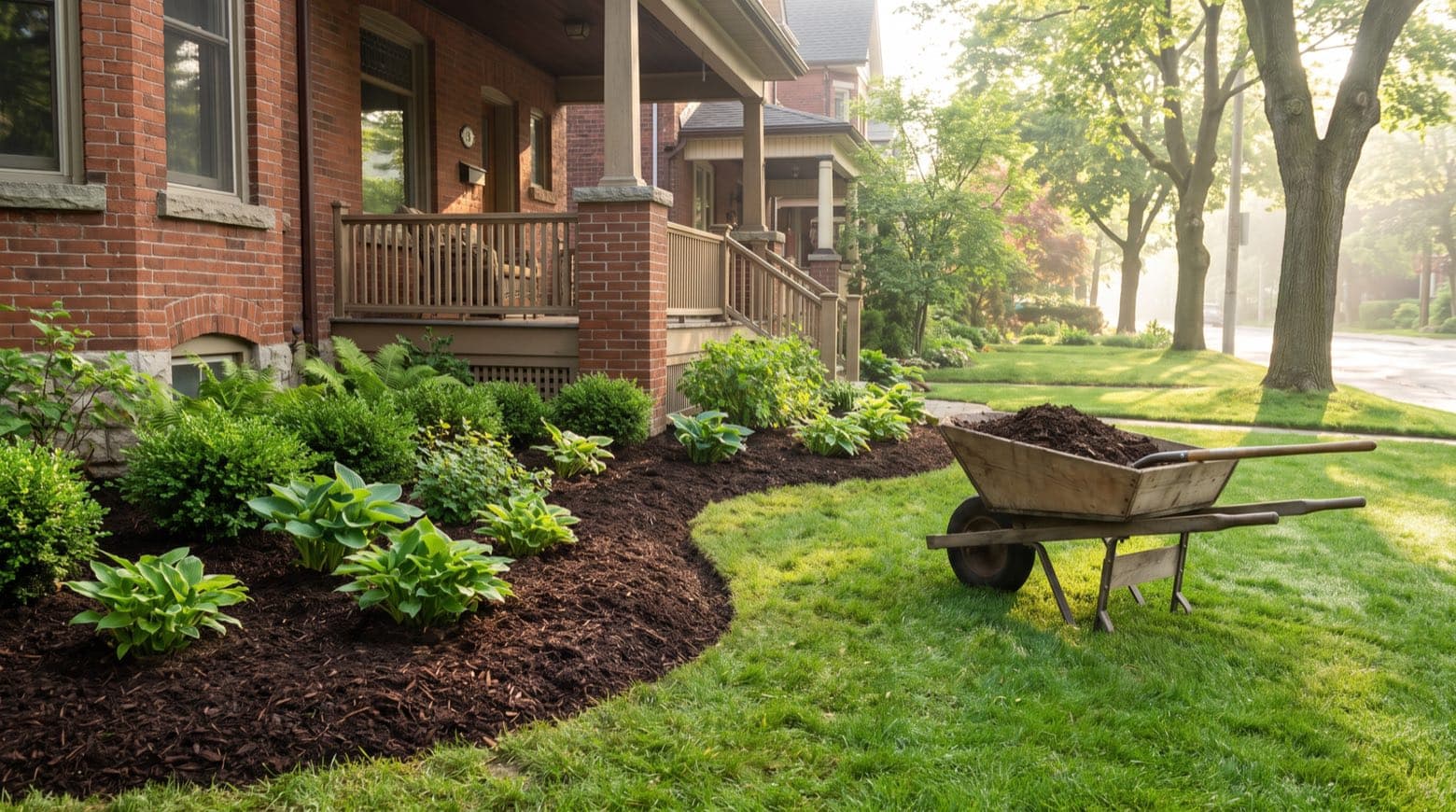 Freshly mulched garden beds with dark brown mulch around low shrubs in front of a Toronto brick home in late spring