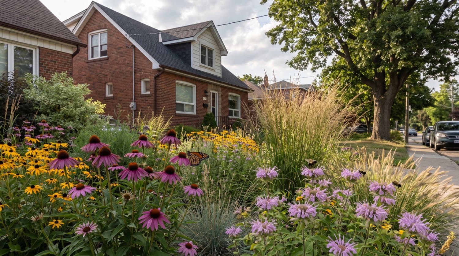 Toronto front garden of native coneflowers, black-eyed Susan, and bee balm with bees and butterflies in summer