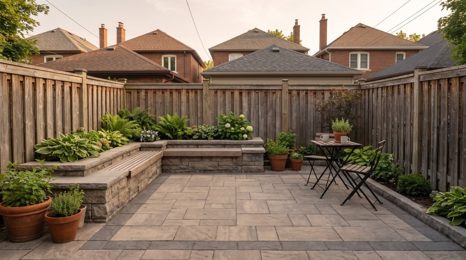 Compact interlocking paver patio with a contrasting border and built-in planter seating in a small Toronto backyard