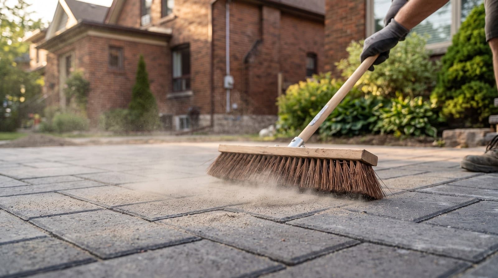 A person sweeping polymeric sand into the joints of a newly laid interlocking paver patio in summer