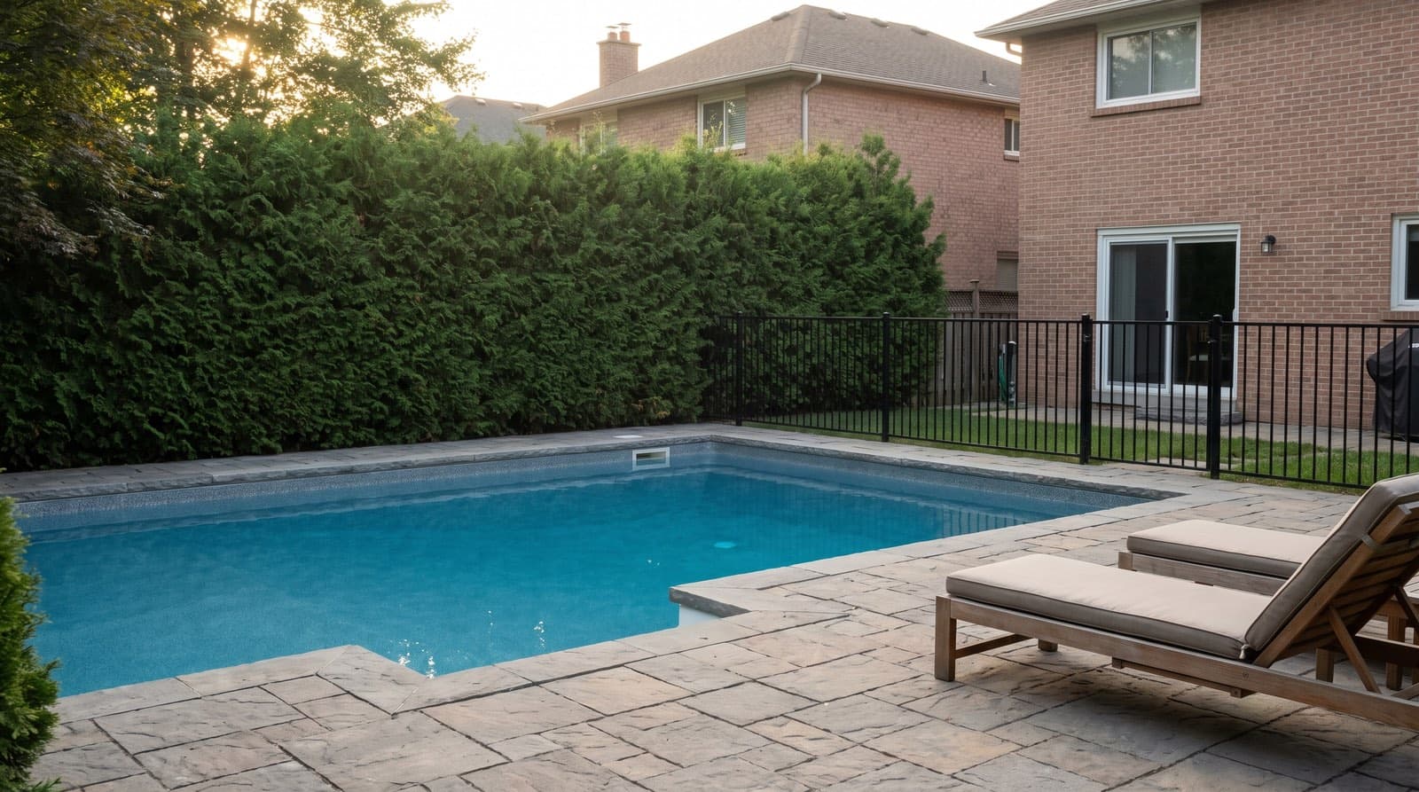 Landscaped Toronto backyard pool with a stone paver deck, privacy planting, and a black safety fence in summer