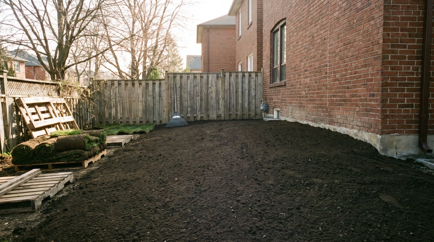 Freshly graded and raked bare soil ready for sod in a Toronto backyard on a spring day