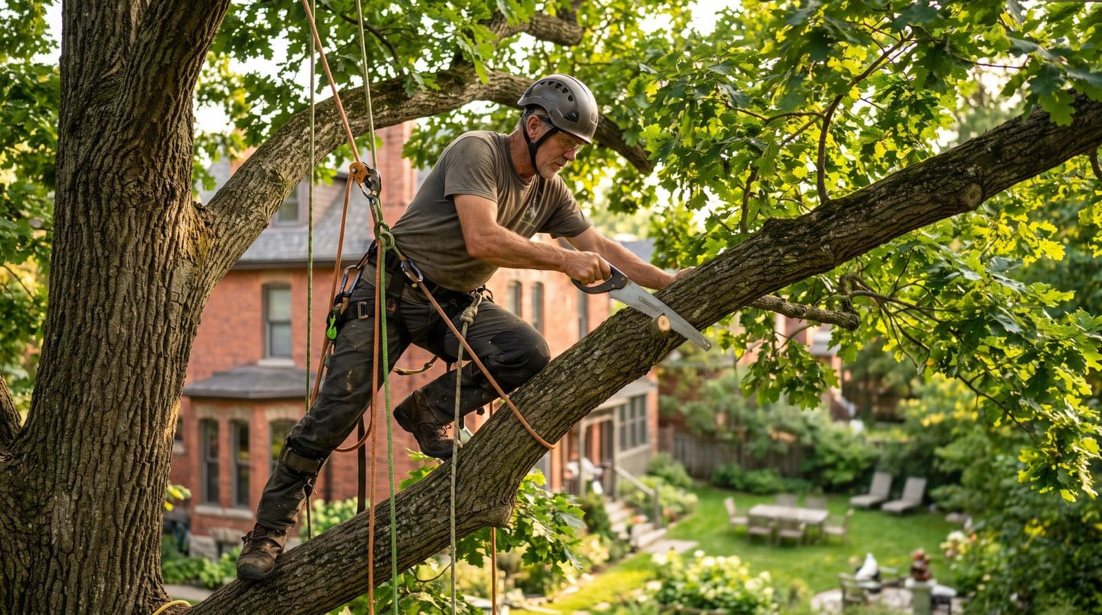 A certified arborist in a helmet and harness pruning a large tree in a Toronto backyard in summer
