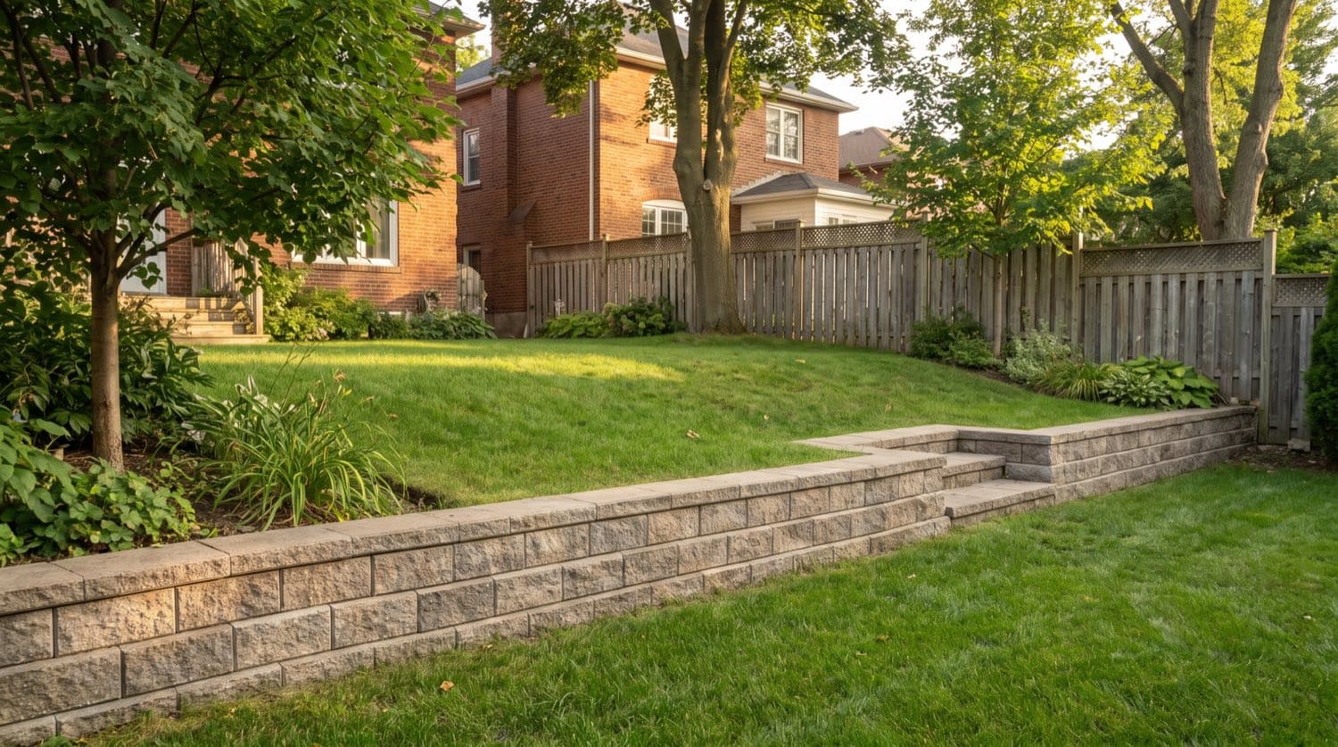 Interlocking concrete block retaining wall terracing a Toronto backyard slope on a summer day