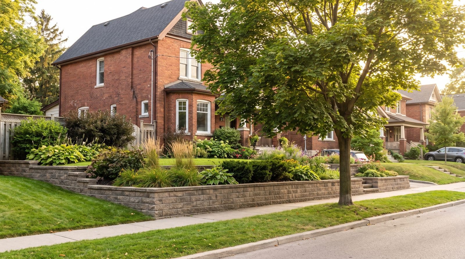 A stepped, terraced retaining wall built into a sloped front yard on a red-brick Toronto street in summer