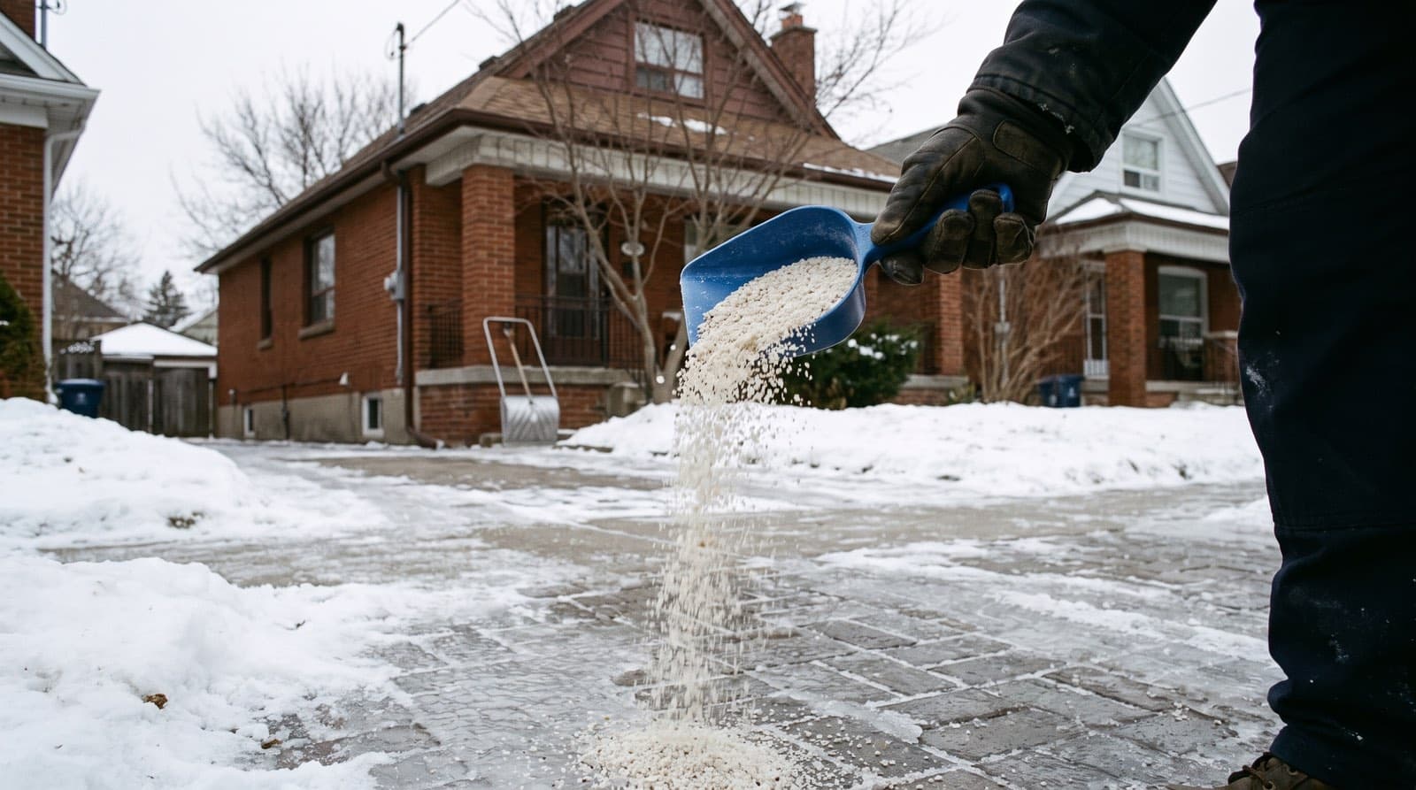 A gloved hand spreading ice-melter granules from a scoop onto an icy Toronto driveway on a grey winter day