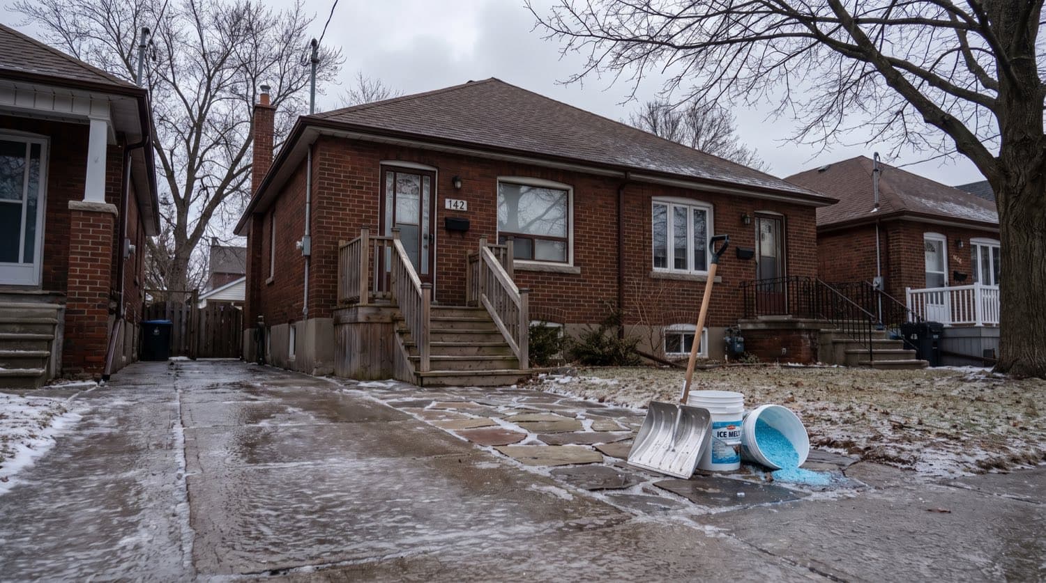 An icy residential sidewalk and front walkway outside a Toronto home on a grey winter day, with a salt shaker and shovel by the steps