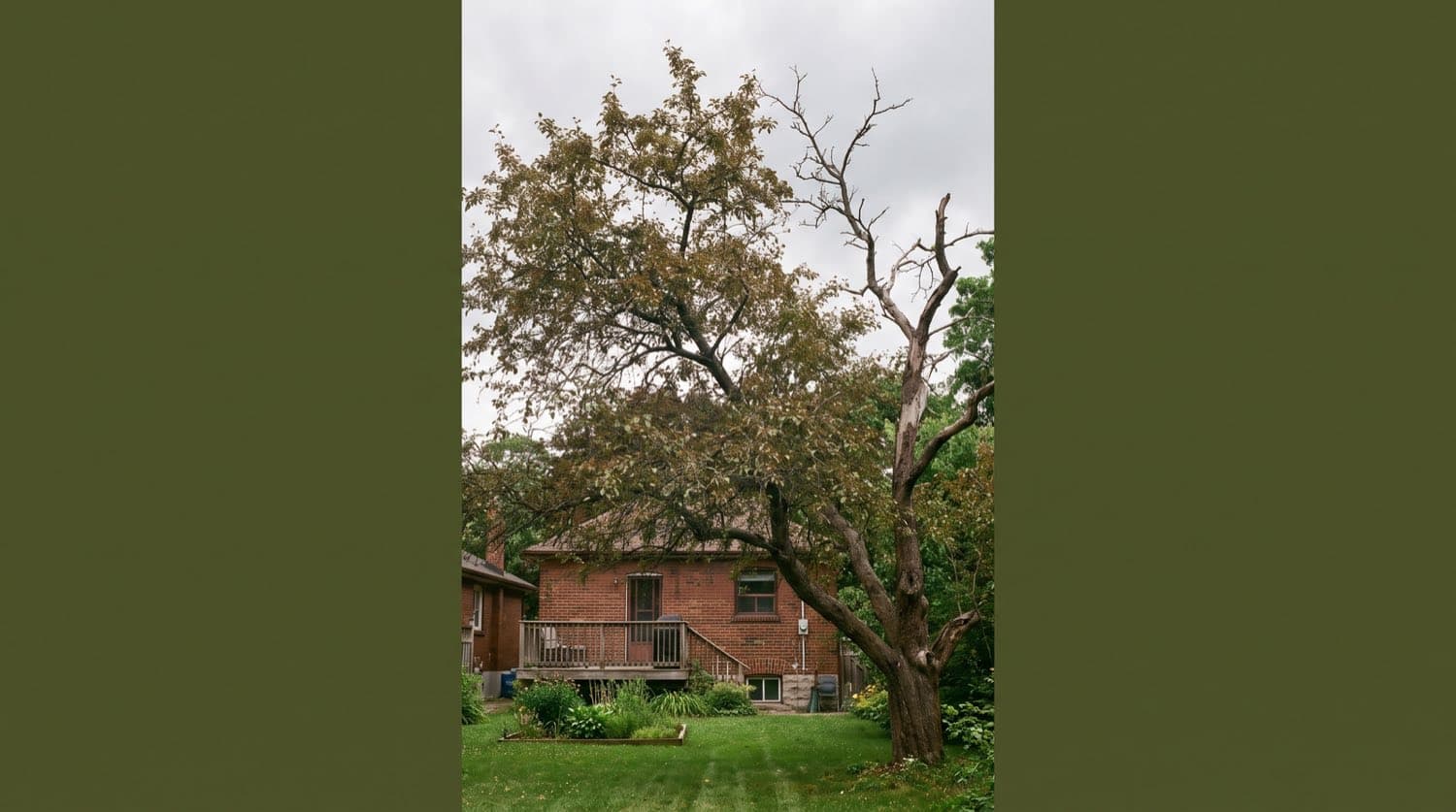 A declining deciduous tree with a thin, partly bare canopy standing over a healthy Toronto backyard in summer