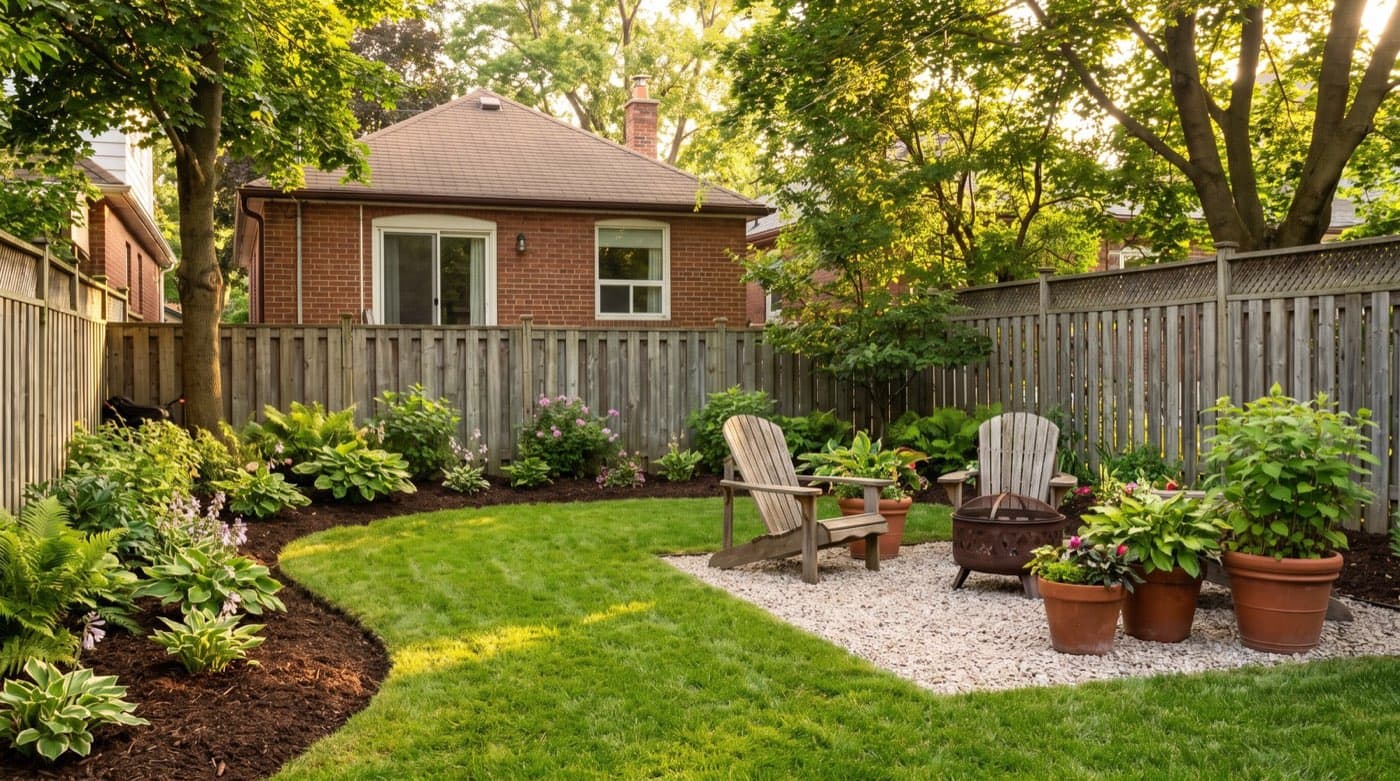 Tidy Toronto backyard with crisp-edged mulch beds, a small gravel sitting area, and grouped container plants on a summer day
