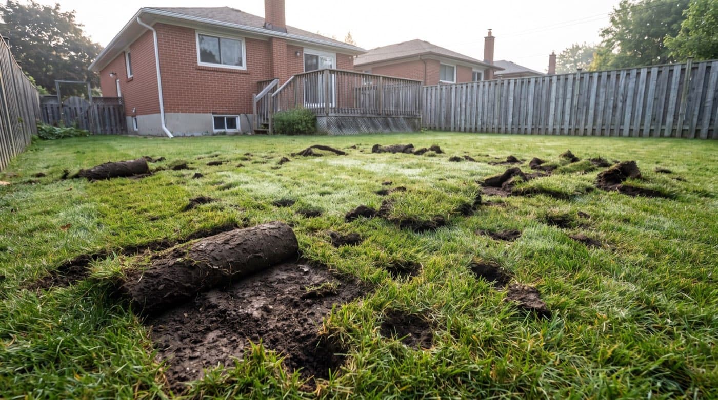 Toronto backyard lawn with chunks of sod flipped back and small holes dug overnight by animals hunting grubs