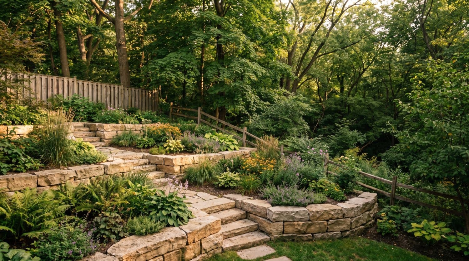Terraced Toronto backyard on a slope with stone retaining walls, planted tiers, and steps beside a wooded ravine in summer