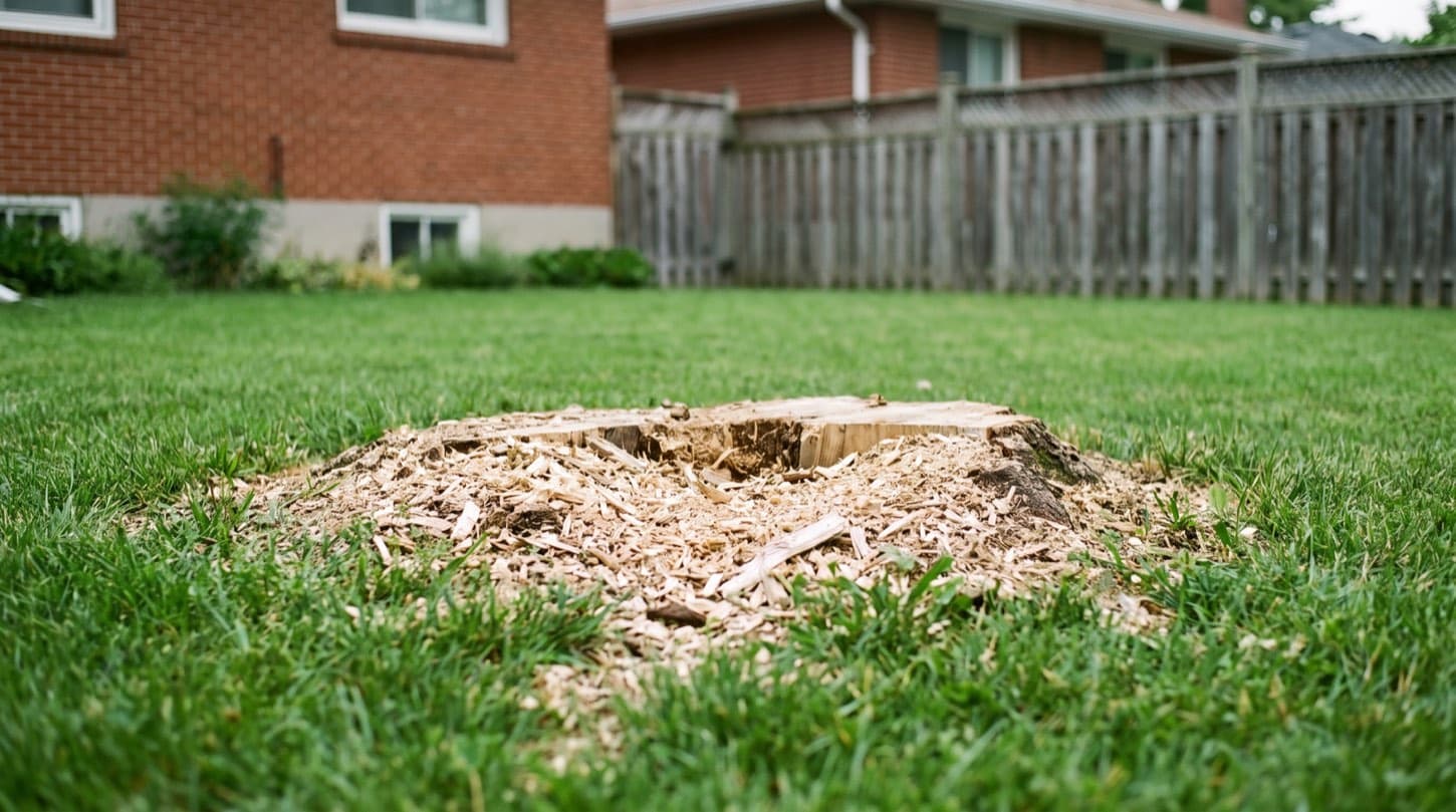 Freshly ground tree stump reduced to mulch below grade in a Toronto backyard lawn in summer