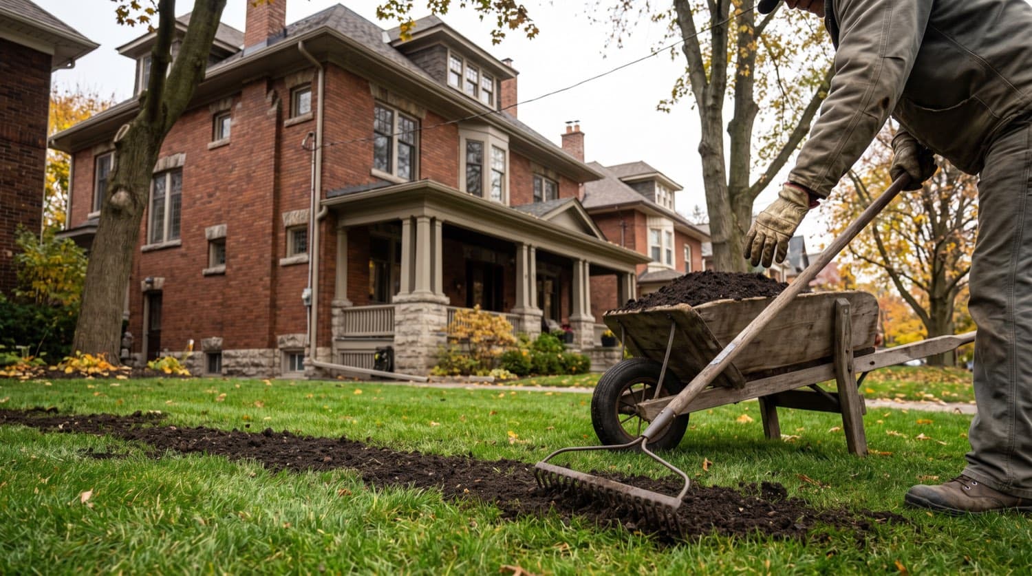Homeowner spreading and raking a thin layer of dark compost topdressing across a green Toronto lawn in early fall