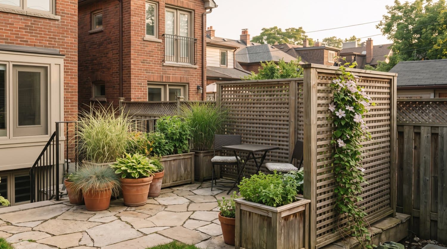Small Toronto townhouse patio with container plants, a privacy screen, and cozy seating in summer