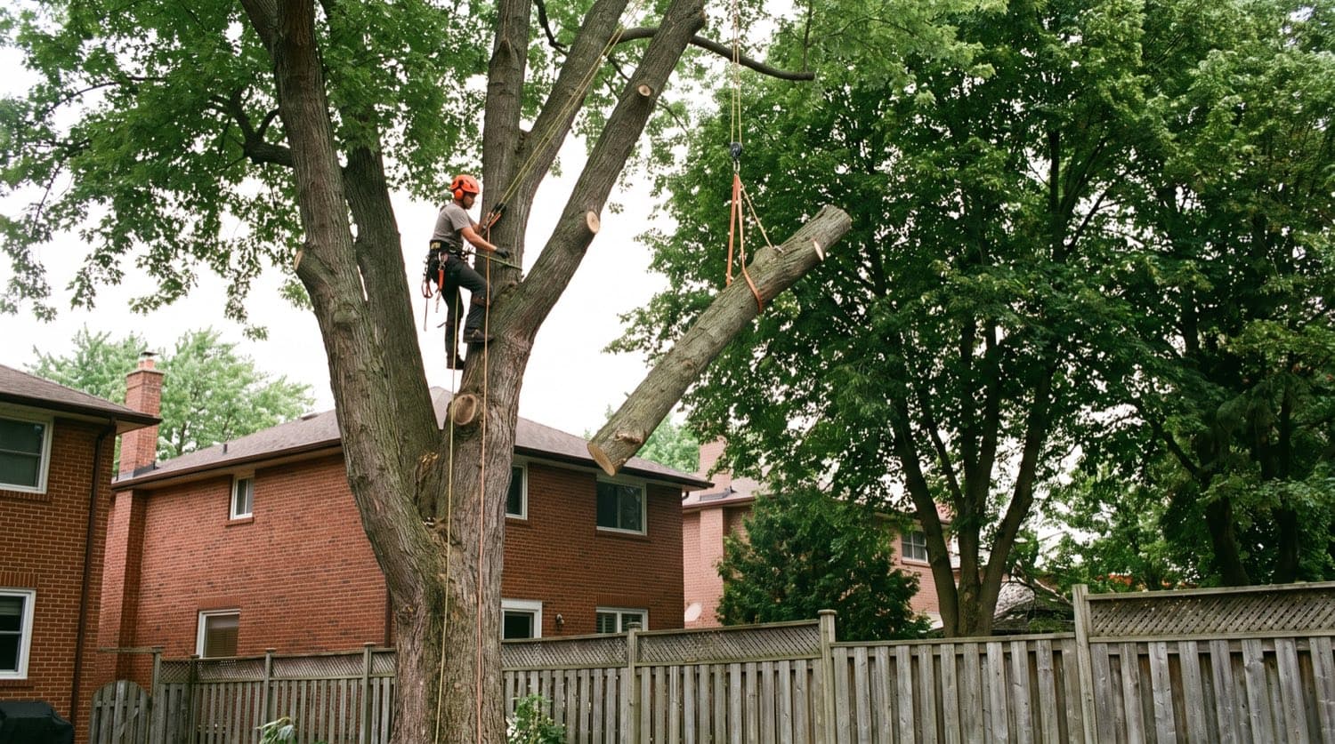 A certified arborist in a harness removing a large tree section by section in a Toronto backyard