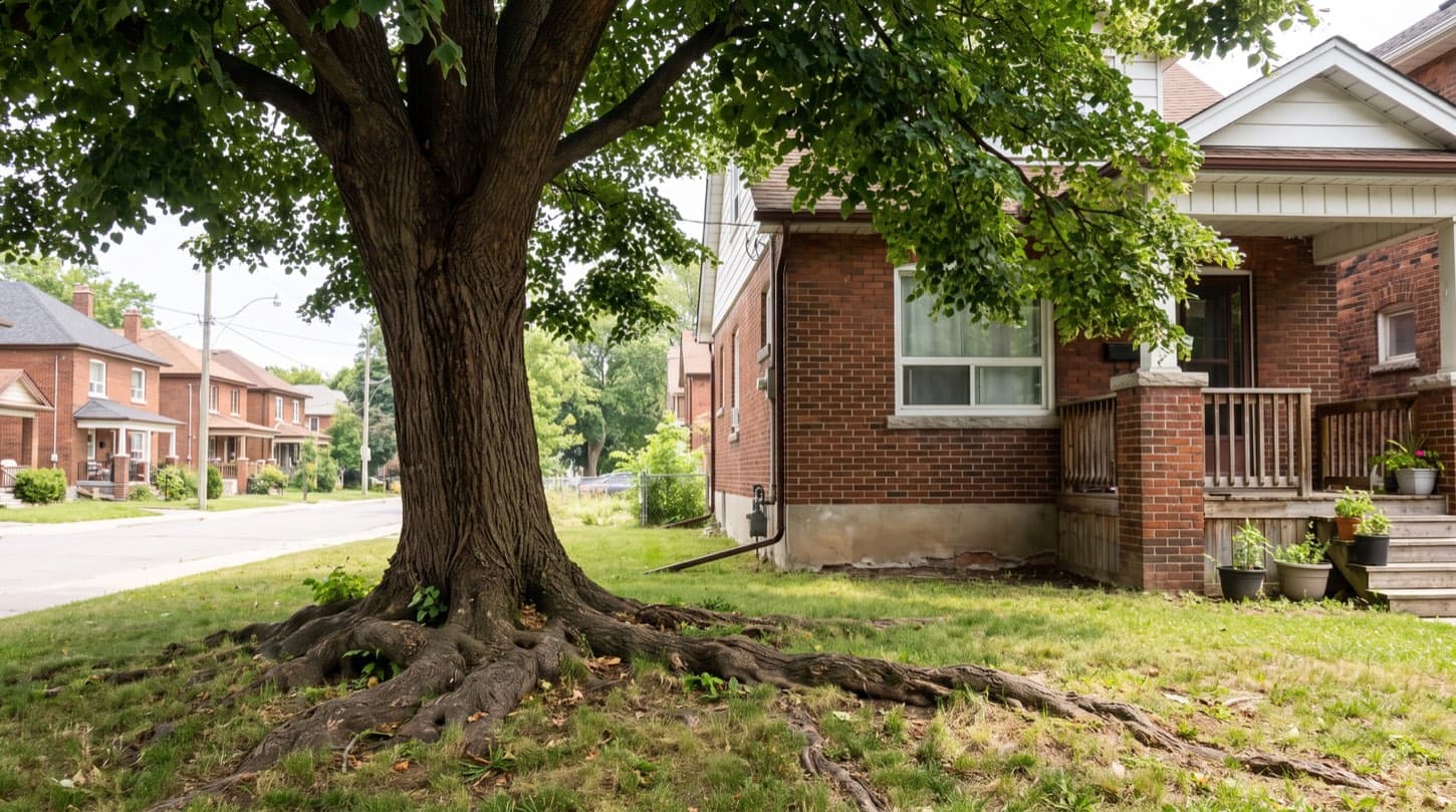 Large mature tree growing close to a brick Toronto house with surface roots near the foundation in summer
