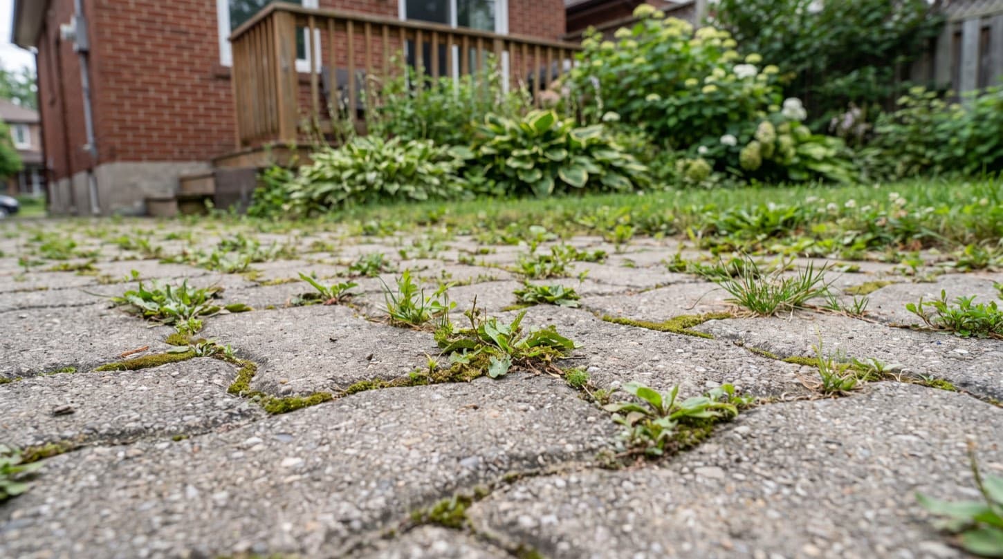 Interlocking paver walkway in a Toronto backyard with weeds sprouting from the joints between the stones in summer