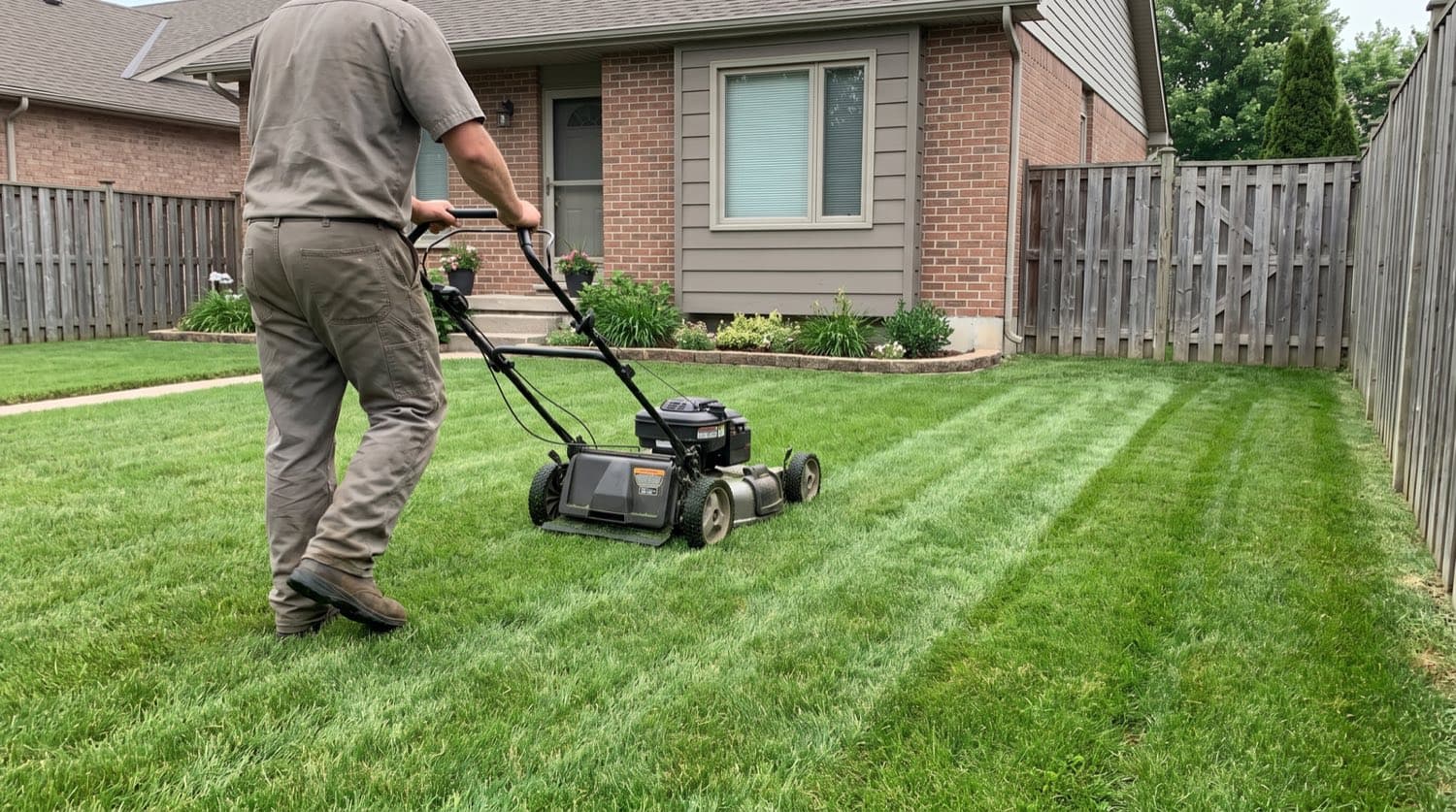 A lawn care technician mowing a striped green backyard lawn behind a Toronto home in summer