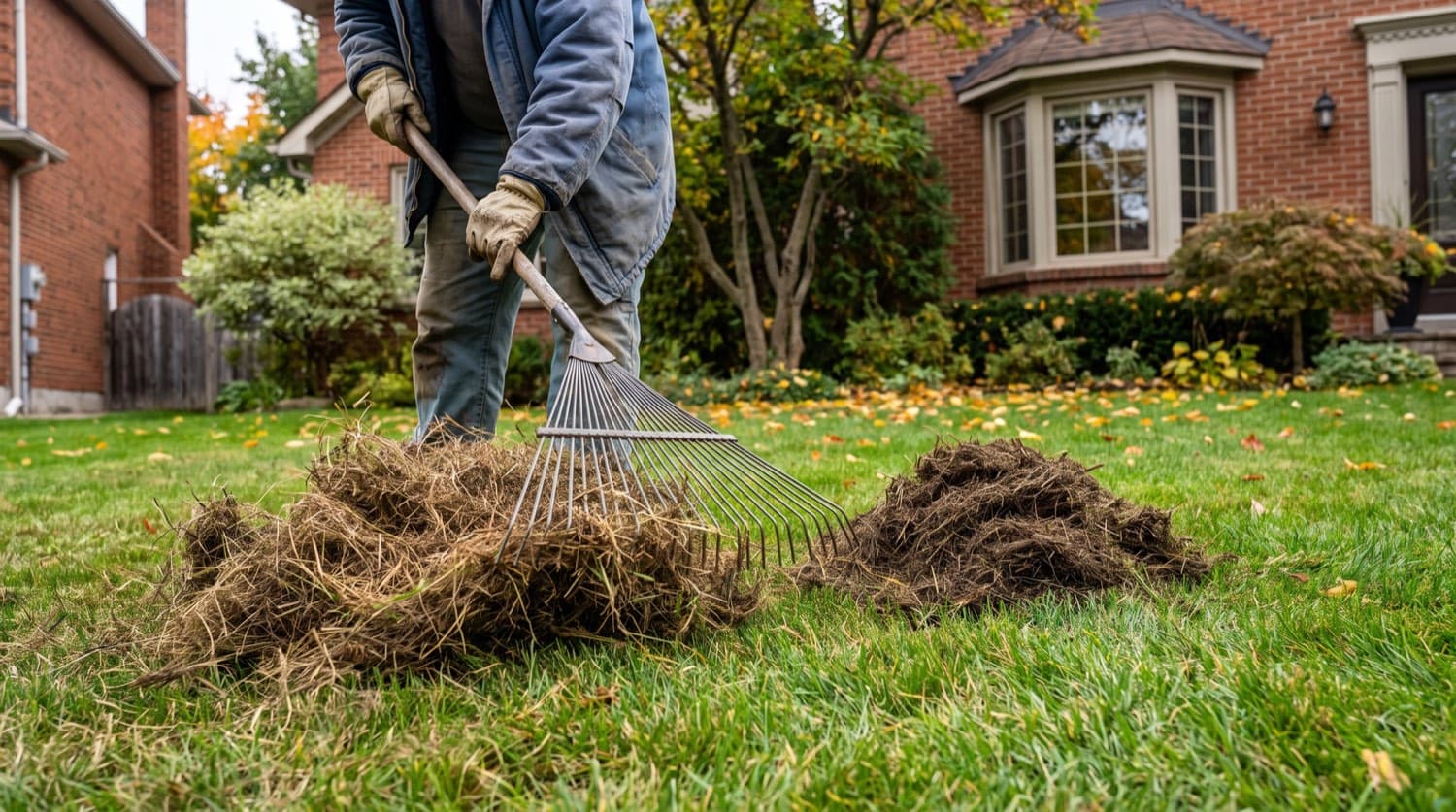 Homeowner raking up a pile of brown thatch pulled from a green lawn beside a Toronto house in early fall