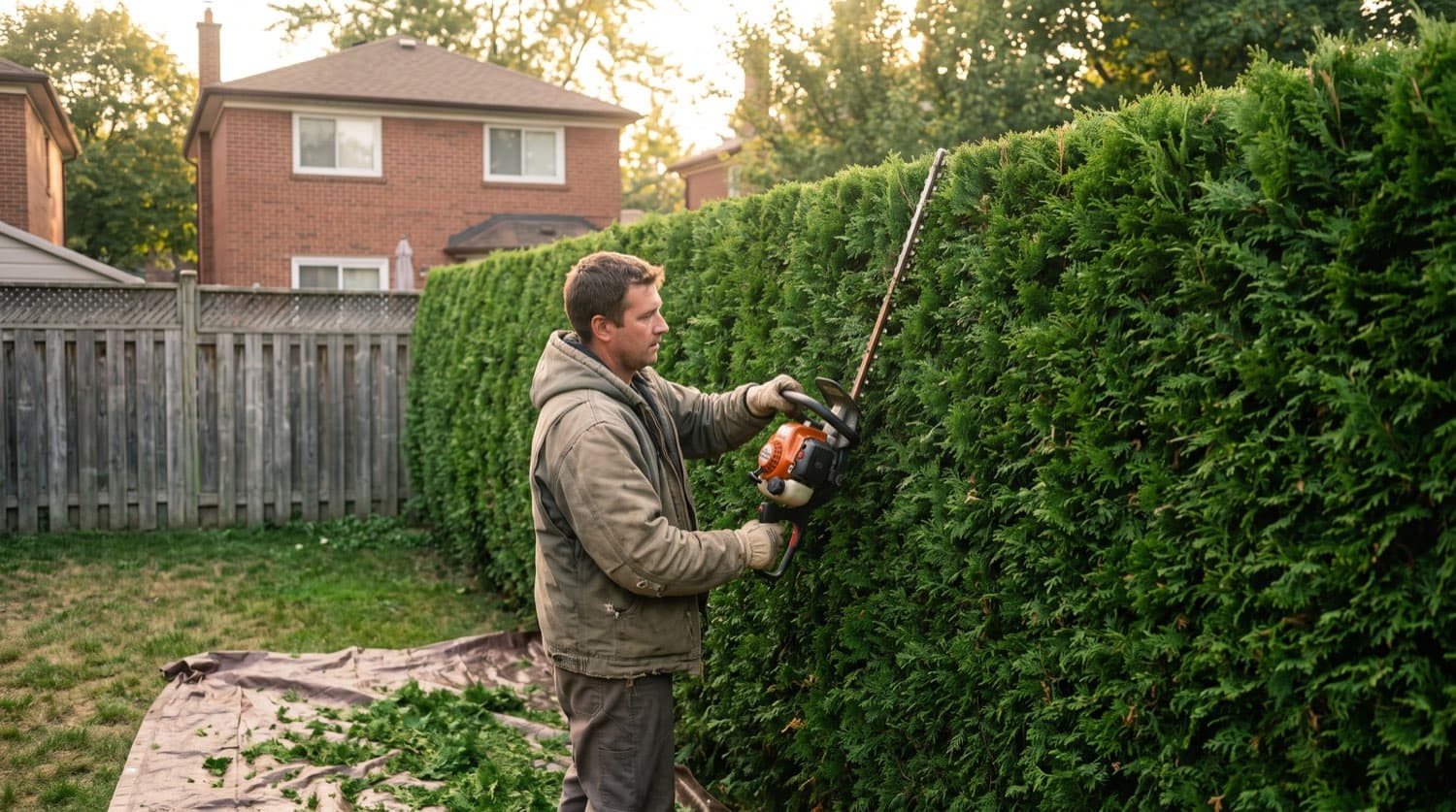 Landscaper shaping a tall emerald cedar privacy hedge with powered trimmers in a Toronto backyard on a summer afternoon