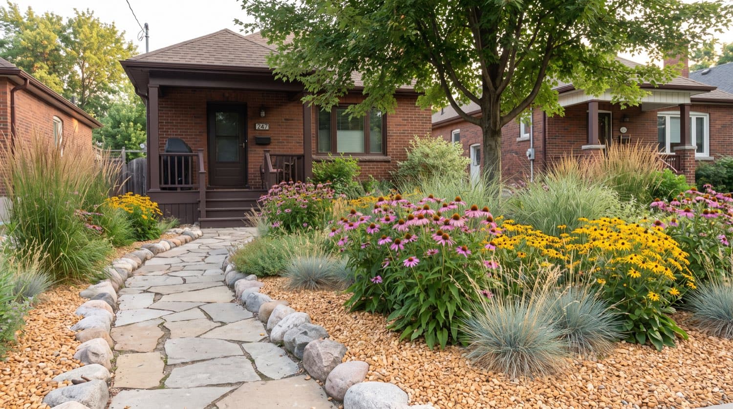 Ontario xeriscape garden with drought-tolerant native perennials and grasses in gravel mulch under summer sun